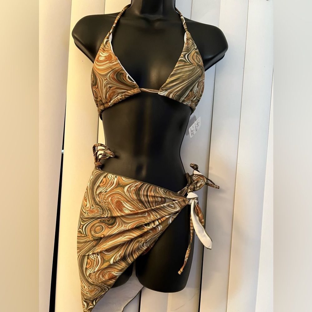 Brown Swirl Triangle Bikini Set with Sarong - Women Swim